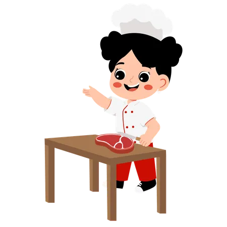 Little girl Chef cuts MEAT  Illustration