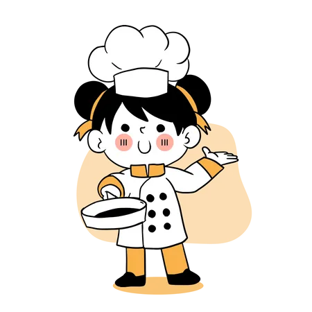 Little girl chef holding cooking pan  Illustration