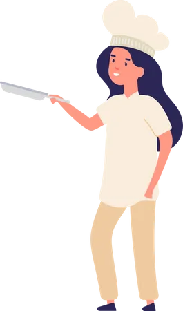 Little girl chef holding pan  일러스트레이션