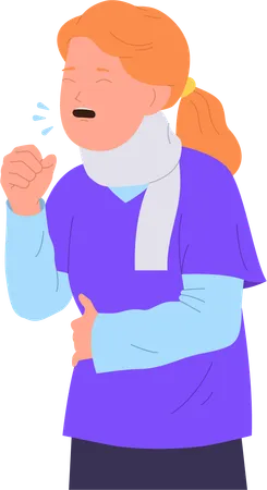 Little Girl Child Cartoon Character Feeling Sick And Unhealthy Coughing Into Hand Vector Illustration Portrait Of Female Child Suffering From Flu Symptom With Neck Wrapped In Scarf Isolated On White Illustration