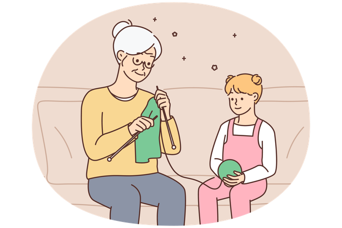 Little girl child knitting together with grandmother  Illustration