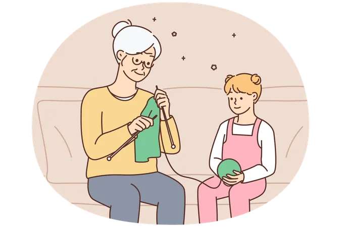 Little girl child knitting together with grandmother  Illustration