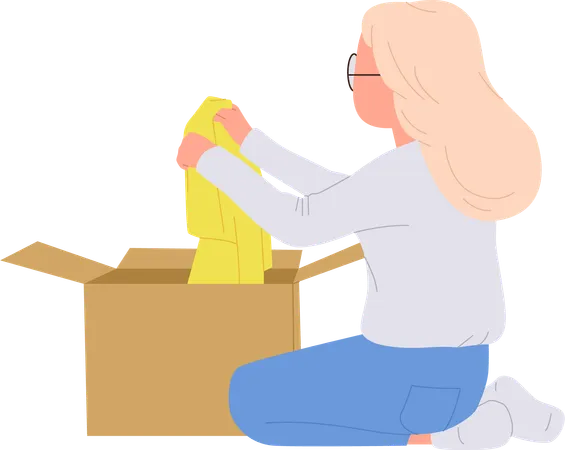 Little girl child unpacking or packing personal clothing into box sitting on floor  Illustration