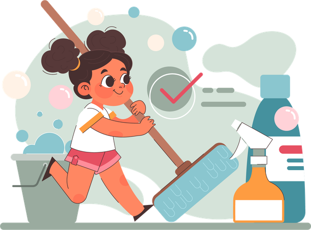 Little girl cleaning floor using mop  Illustration