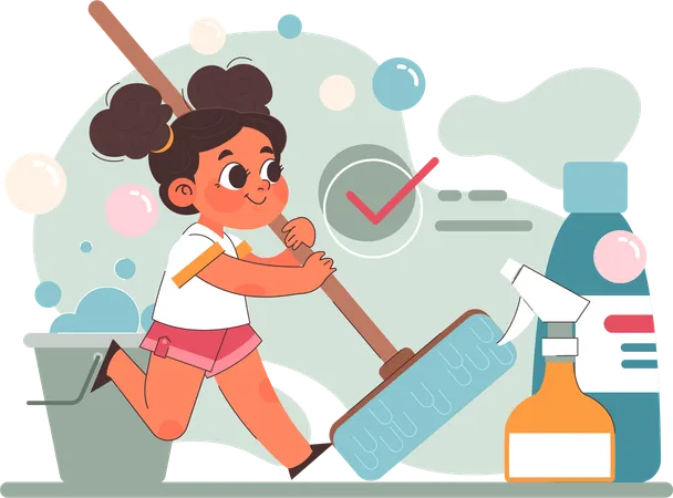 Little girl cleaning floor using mop  Illustration
