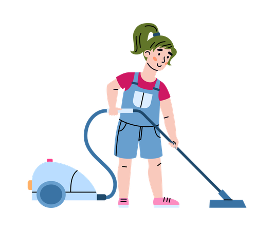 Little girl cleaning floor using vacuum machine  Illustration