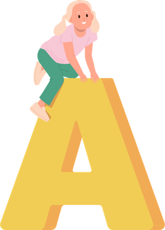 Little girl climbing huge A letter  Illustration