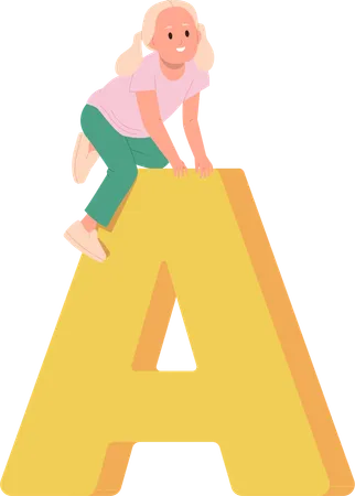 Little girl climbing huge A letter  Illustration