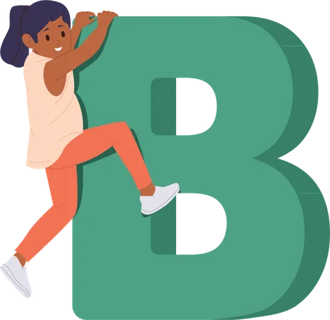 Little girl climbing huge B letter  Illustration