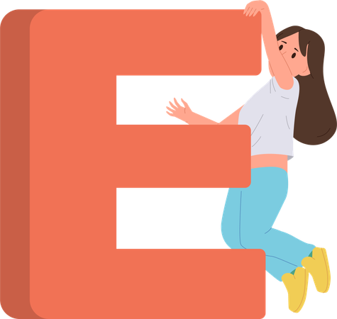 Little girl climbing huge e letter  Illustration