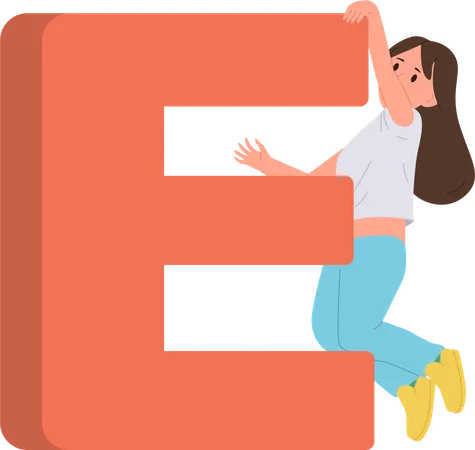 Little girl climbing huge e letter  Illustration