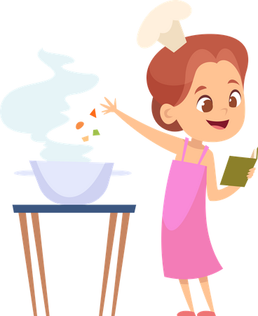 Little girl cooking with looking cooking recipe  Illustration