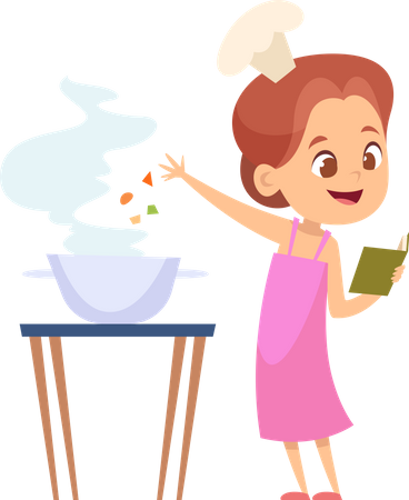 Little girl cooking with looking cooking recipe  일러스트레이션
