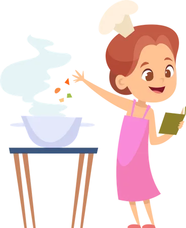 Little girl cooking with looking cooking recipe  Illustration