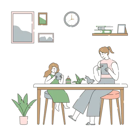 Little girl Crafting with Mom  Illustration