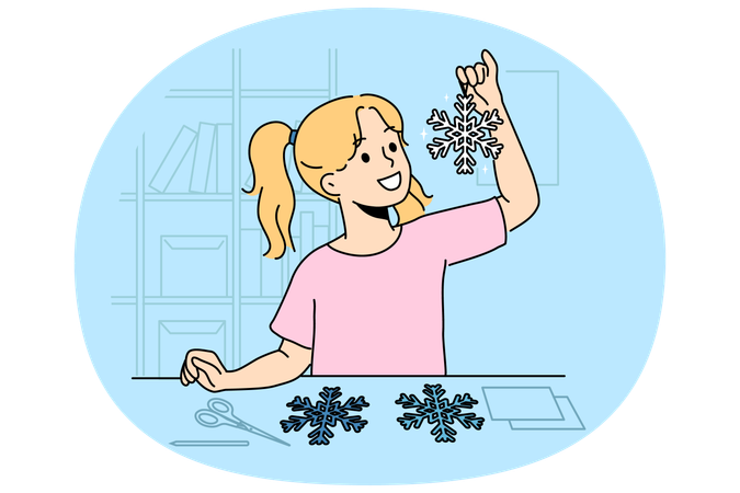 Little girl cuts out paper snowflakes preparing handmade christmas decorations for home  Illustration