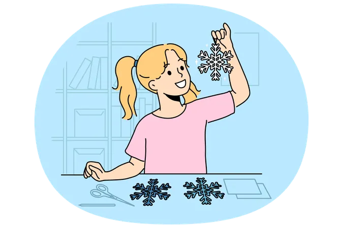 Little girl cuts out paper snowflakes preparing handmade christmas decorations for home  Illustration