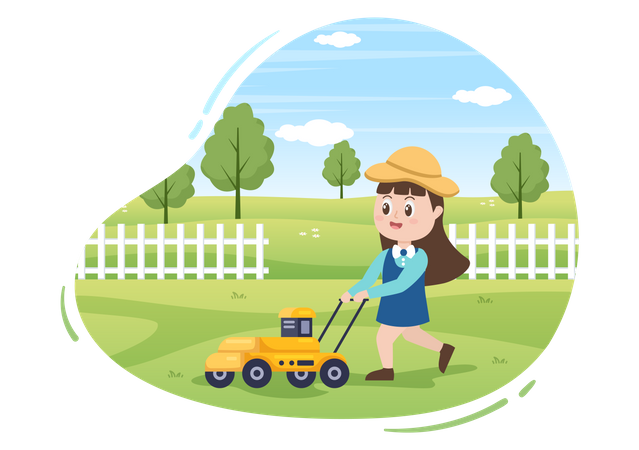 Little girl Cutting Green Grass  Illustration