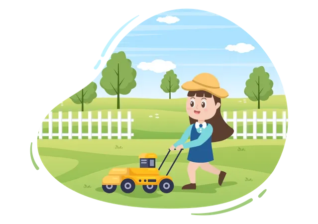 Little girl Cutting Green Grass  Illustration