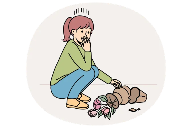 Little girl distressed with broken pot  Illustration