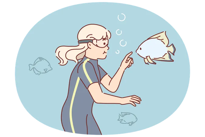 夏の旅行中に、小さな女の子のダイバーが湖で魚たちと一緒に泳ぎ、水中の世界を探検している  イラスト