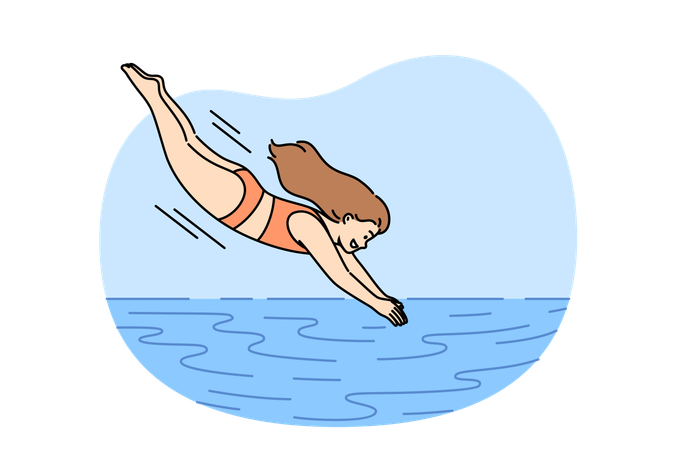 Little girl dives into pool to swim in water or enjoy swim in sea to cool off from hot sun  Illustration