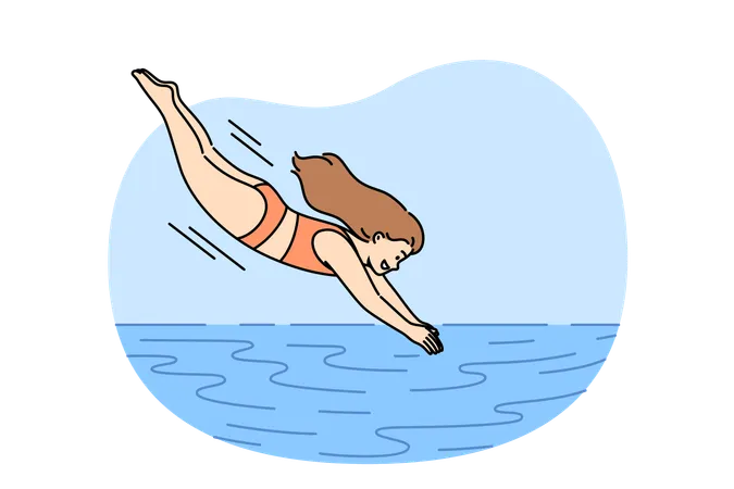 Little girl dives into pool to swim in water or enjoy swim in sea to cool off from hot sun  Illustration