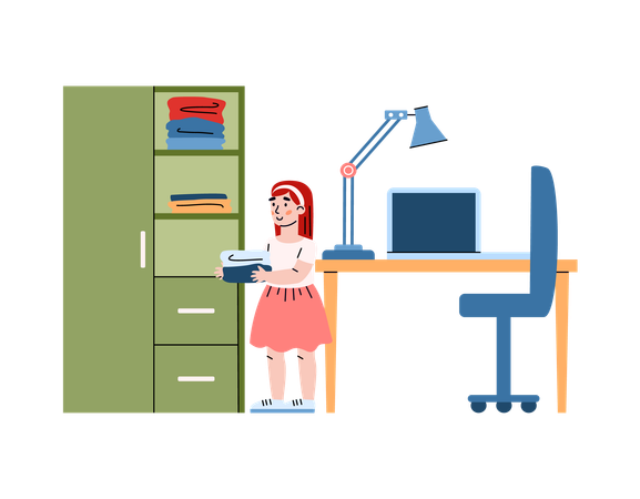 Little girl doing housework in room child put clean clothes in wardrobe  Illustration