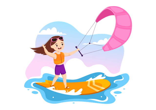 Little Girl Doing Kitesurfing  Illustration