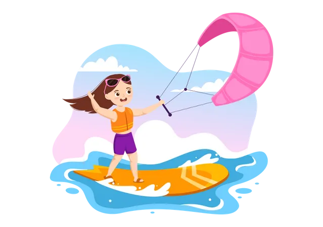 Kitesurfing Illustration With Kids Kite Surfer Standing On Kiteboard In The Summer Sea In Extreme Water Sports Flat Cartoon Hand Drawn Template Illustration