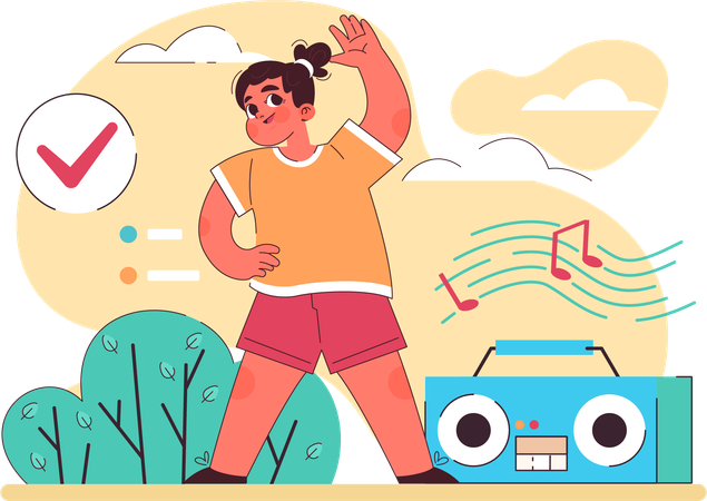 Little girl doing morning workout while playing music on music system  Illustration