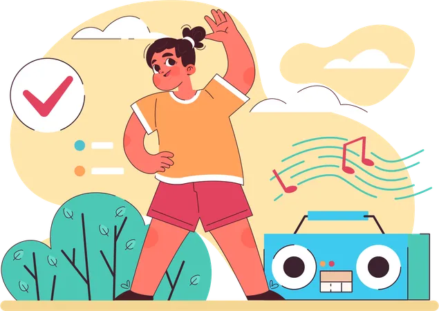 Little girl doing morning workout while playing music on music system  Illustration