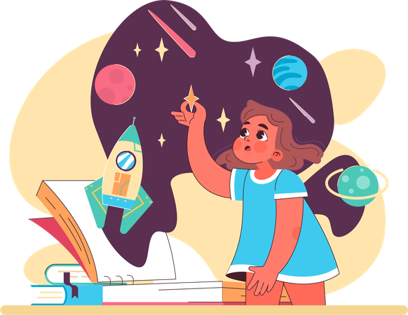 Little girl doing space science research  Illustration