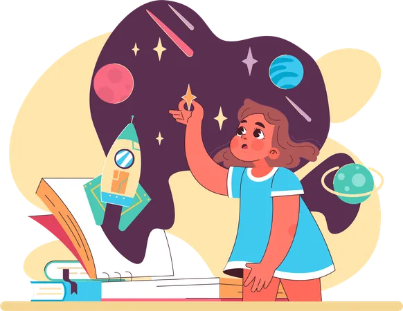 Little girl doing space science research  Illustration
