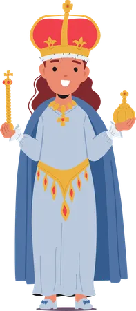 Little Girl Dressed As A Princess Or Queen Character Wear Sparkling Crown Regal Flowing Gown And Holding Scepter Exudes Royal Charm And Imaginative Playfulness Cartoon People Vector Illustration Illustration