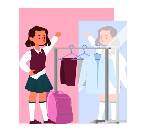 Little girl dressing up to go to school  Illustration