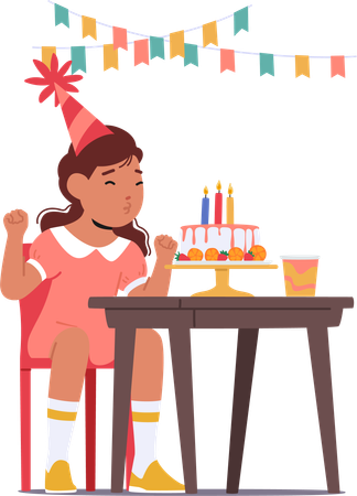 Little Girl Eagerly Blows Out Candles On Her Birthday Cake  Illustration