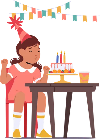 Little Girl Eagerly Blows Out Candles On Her Birthday Cake  Illustration