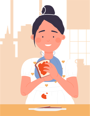 Little girl eating bread jam  Illustration