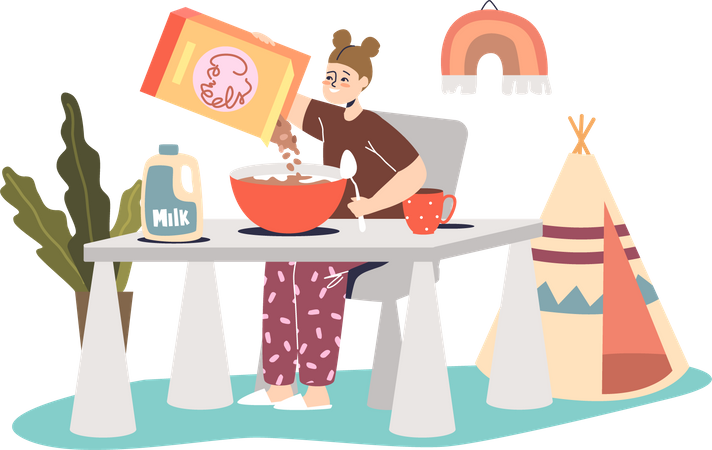Little girl eating cereals with milk for breakfast Illustration