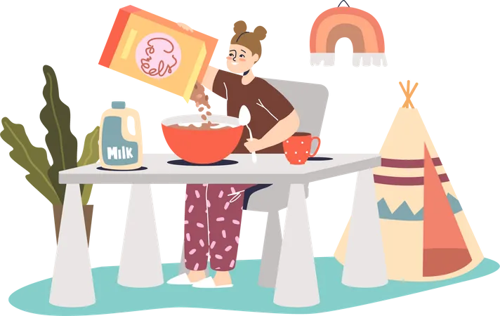 Little girl eating cereals with milk for breakfast  Illustration