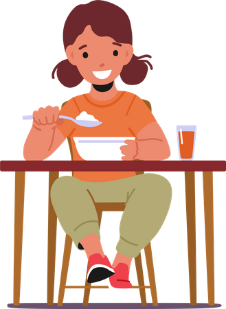 Little girl eating food while sitting on table  Illustration