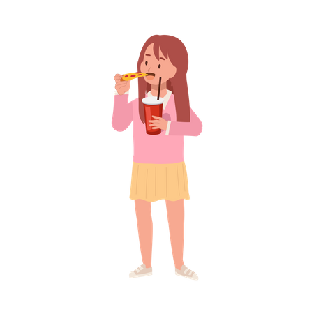 Little girl eating pizza and holding a glass of soft drink  Illustration