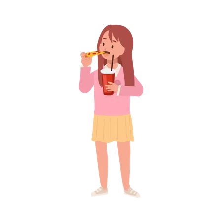 Little girl eating pizza and holding a glass of soft drink  Illustration