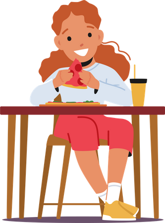 Little girl eating pizza while sitting at table Illustration