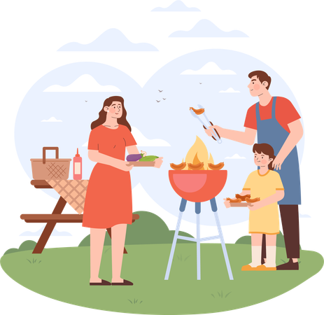 Little girl enjoying bbq food with parents  イラスト