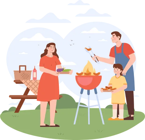 Little girl enjoying bbq food with parents  イラスト