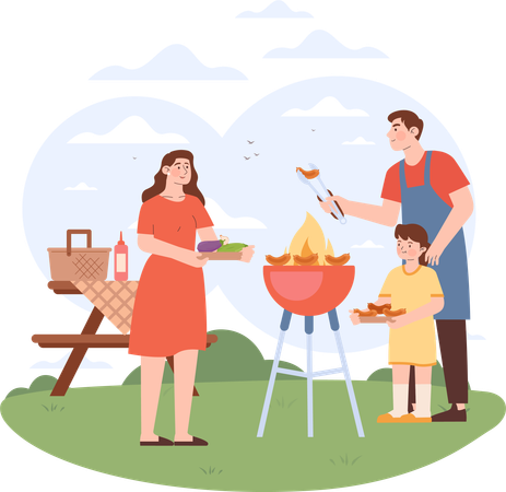 Little girl enjoying bbq food with parents  Illustration