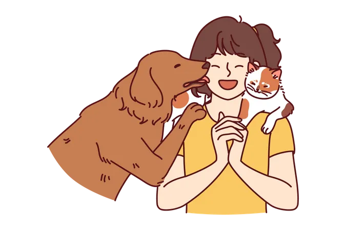 Little girl enjoys playing with her pet dog and cat  Illustration