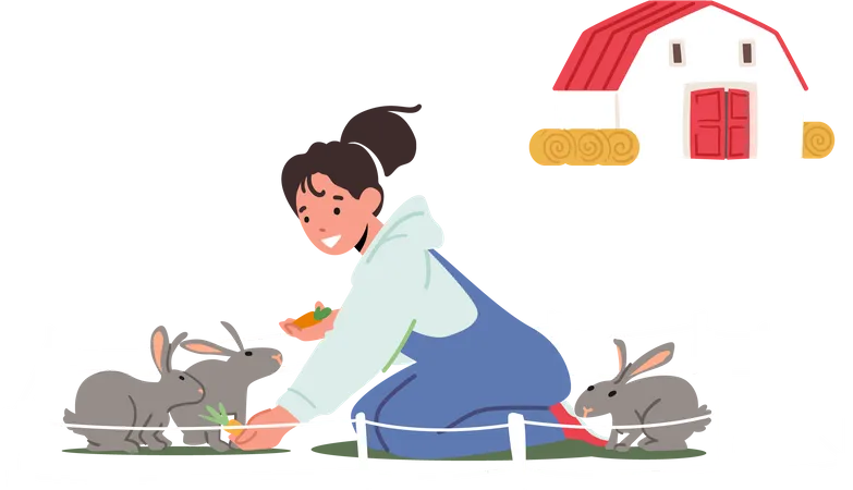 Little girl feeding carrot to rabbits Illustration